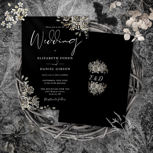 Invitation Rose gothique Floral noir et blanc Mariage (Gothic Roses Floral Black And White Wedding Invitation)