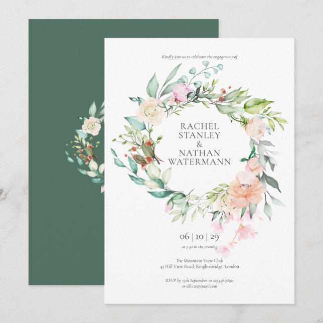 Invitation Rose Green Watercolor Garland Engagement Party (Devant / Derrière)