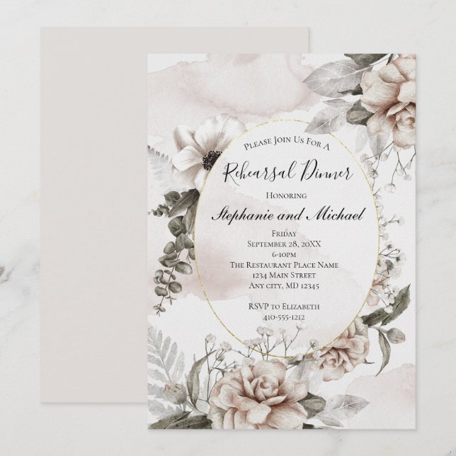 Invitation Rose Grey Floral Botanique Élégant Mariage officie (Devant / Derrière)