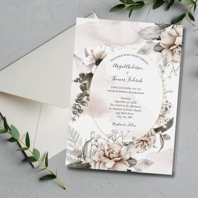 Invitation Rose Grey Floral Botanique Élégant Mariage officie (Blush Pink Gray Floral Watercolor Wedding Invitation. Elegant and Classic.)