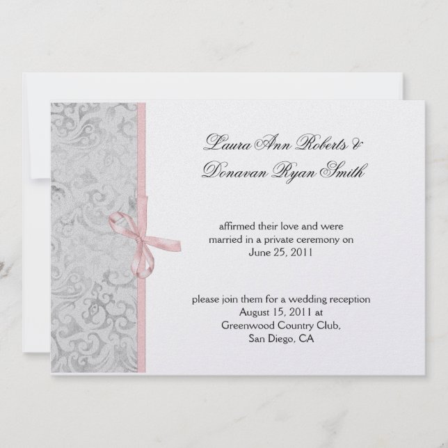 Invitation Rose Gris Blanc Damask Après-Mariage (Devant)