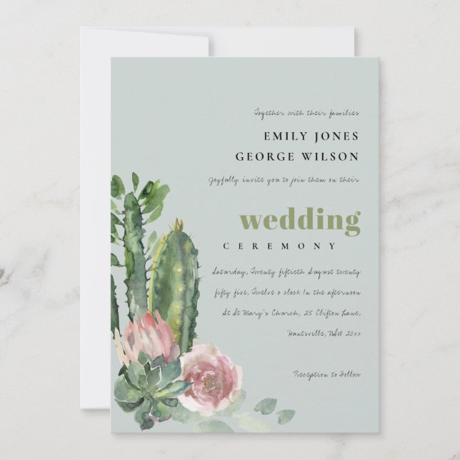 INVITATION ROSE GRIS DESERT FLORAL CACTI FOLIAGE MARIAGE (Devant)