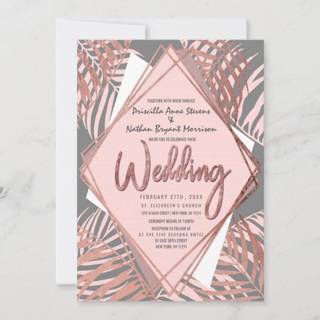 Invitation Rose gris Gold Tropical Palm Tree Feuilles Mariage (Devant)
