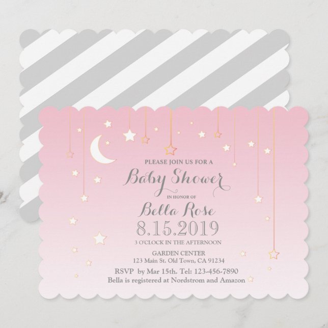 Invitation Rose Gris Lune Étoiles Fille Baby shower Invitatio (Devant / Derrière)