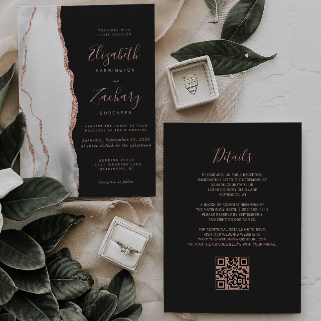 Invitation Rose gris Or Agate Ardoise Noir QR Code Mariage (Créateur téléchargé)