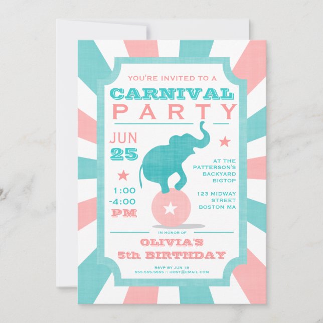 Invitation Rose| Gros anniversaire du Carnaval Turquoise (Devant)
