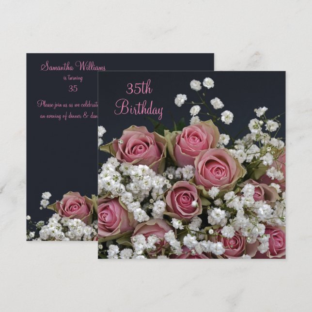Invitation Rose & Gypsophila Bouquet 35e anniversaire (Devant / Derrière)