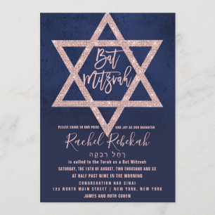 Invitation Rose hébreu Gold Rose Marine Blue Star Bat mitzvah