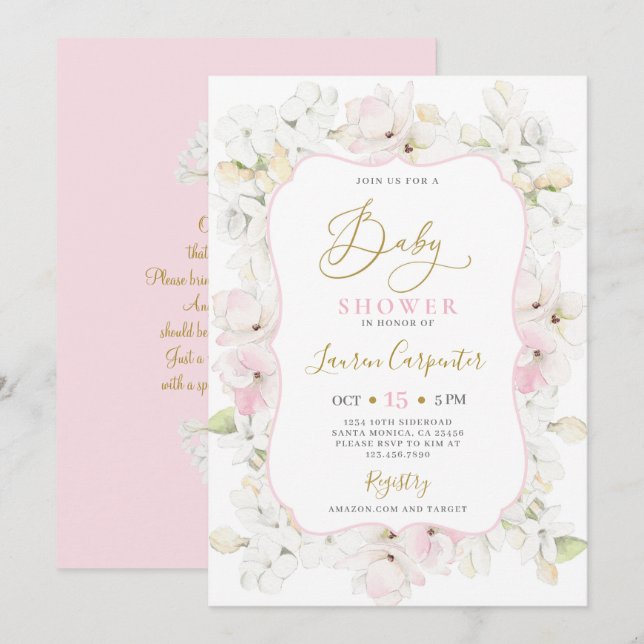 Invitation Rose Hydrangea Baby shower fille (Devant / Derrière)