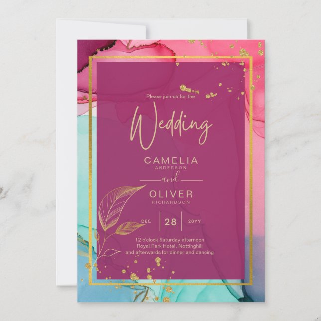 Invitation ROSE intense Turquoise OR OR MARIAGE Encre d'alcoo (Devant)