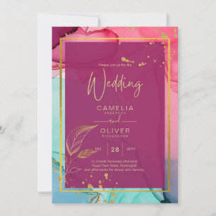Invitation ROSE intense Turquoise OR OR MARIAGE Encre d'alcoo