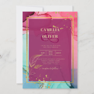 Invitation ROSE intense Turquoise OR OR MARIAGE Encre d'alcoo