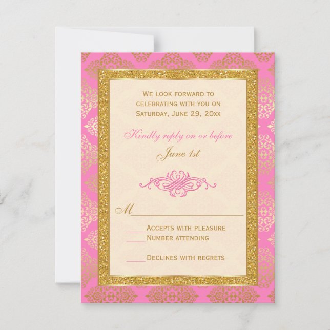 Invitation Rose, Ivoire, Carton de réponse pailleté or, motif (Devant)