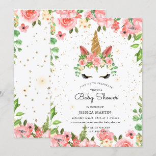 Invitation rose jardin somptueux unicorn baby shower virtuel