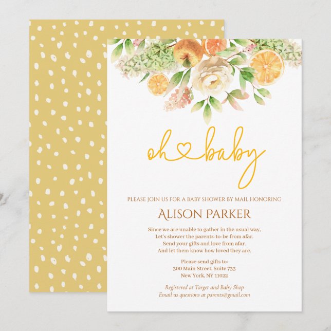 Invitation Rose jaune agrumes Floral fille Baby shower par co (Devant / Derrière)