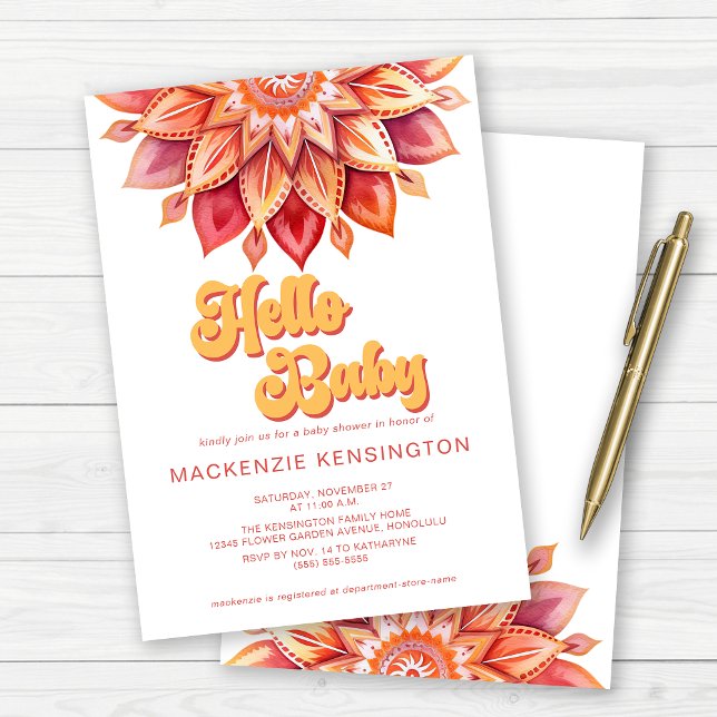 Invitation Rose Jaune Bonjour Rétro Hippie Baby shower Fleur (Cute Retro Typography "Hello Baby" Baby Shower Invitations)
