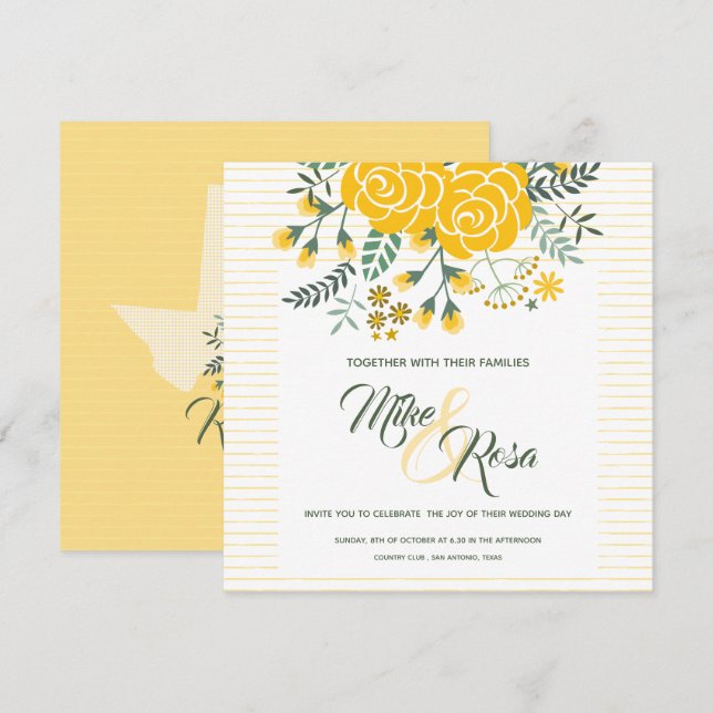 Invitation Rose jaune du Texas - En vichy avec Mariage Rose (Devant / Derrière)