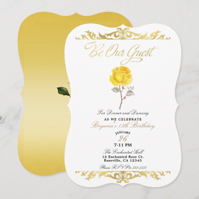 Invitation Rose jaune et élégante fête d'anniversaire d'or (Devant / Derrière)