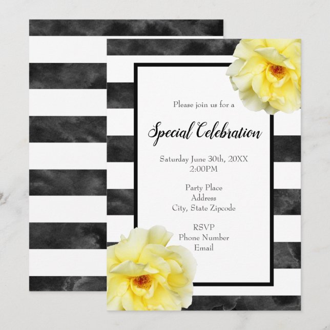Invitation Rose jaune, noir et blanc éclats d'aquarelle (Devant / Derrière)