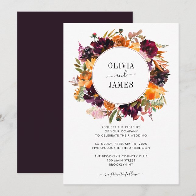 Invitation Rose jaune violet Bourgogne Floral Mariage d'autom (Devant / Derrière)