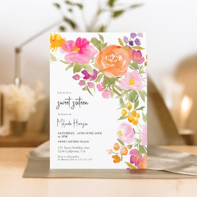Invitation Rose Joli romantique été floral doux 16 (Pink Pretty romantic summer floral sweet 16 Invitation on white)