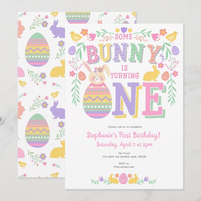 Invitation Rose, Lapin, Fille 1er Anniversaire, Printemps, Pâ (Devant / Derrière)