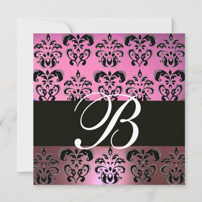 Invitation ROSE LAVENDER NOIR, PURPLE DAMASK MONOGRAM, blanc (Devant)