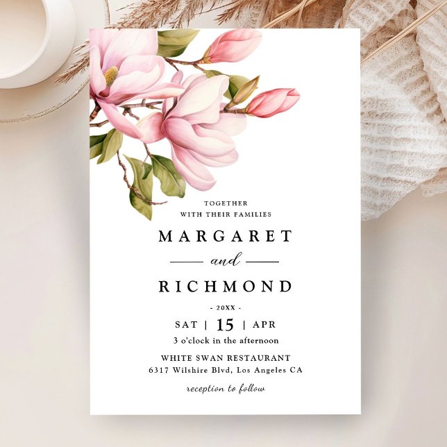 Invitation Rose Magnolia Elegant Aquarelle Mariage Floral (Créateur téléchargé)