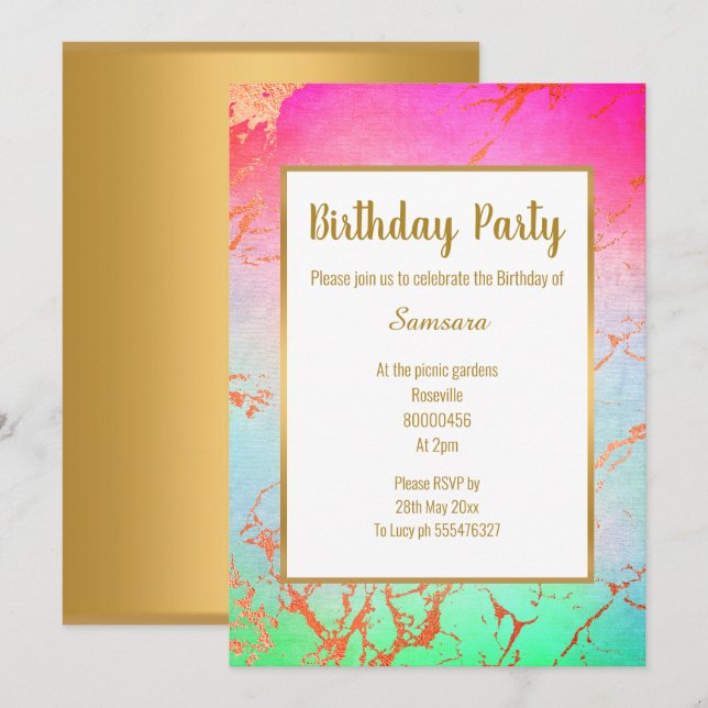 INVITATION ROSE MARBRE CLAIR OR TOUTE OCCASION ANNIVERSAIRE (Devant / Derrière)