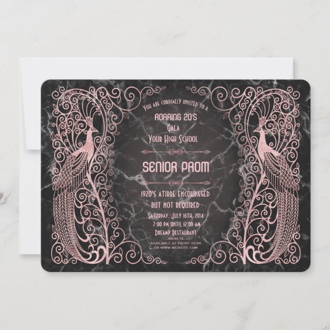 Invitation Rose Marbre d'or Art Déco Peacocs Prom Senior (Devant)