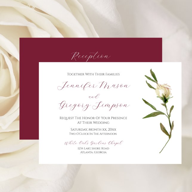 Invitation Rose mariage blanc d'aquarelle avec canneberge (Wedding White Watercolor Rose with Cranberry Invitation)