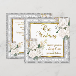 Invitation Rose mariage Champagne Gold Silver Damask