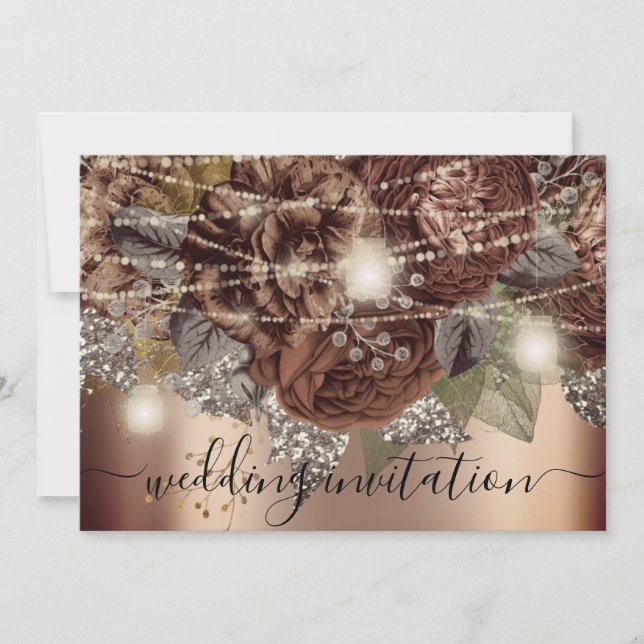 Invitation Rose Mariage de naissance Gold Brown Roses lumière (Devant)
