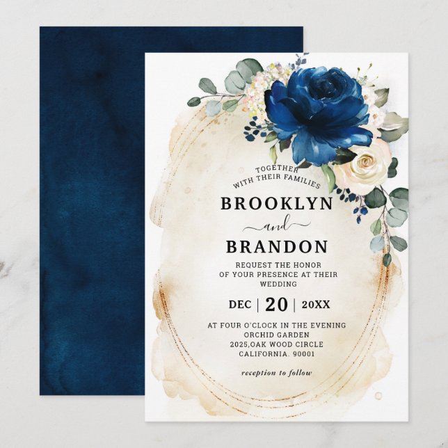 Invitation Rose Mariage d'ivoire de la Marine Gold White Cham (Devant / Derrière)