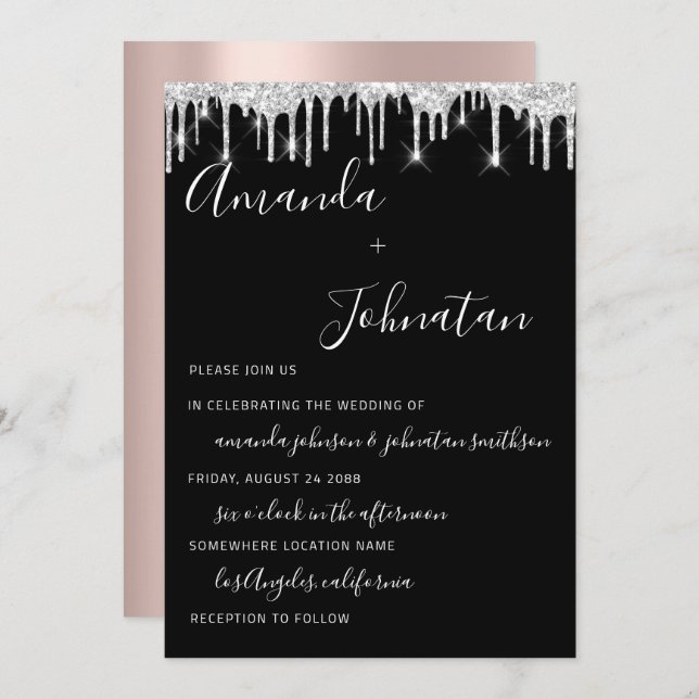 Invitation Rose mariage Monogram Black Silver Drivers (Devant / Derrière)