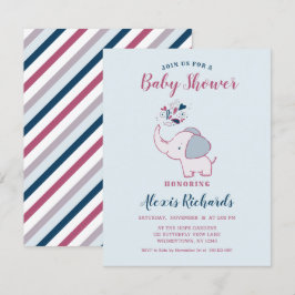 Invitation Rose & Marine Cute Elephant Baby shower à thème
