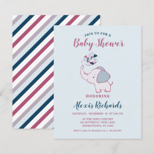 Invitation Rose & Marine Cute Elephant Baby shower à thème