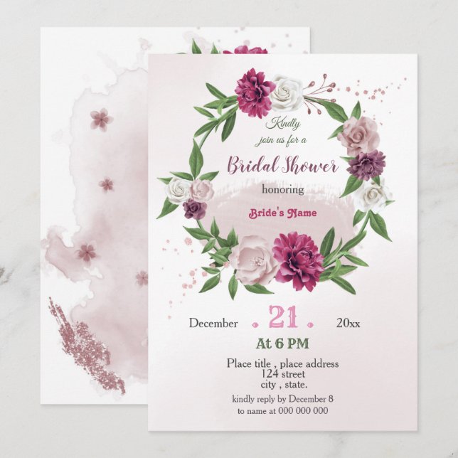 Invitation rose mauve verdure botanique couronne nuptiale (Devant / Derrière)