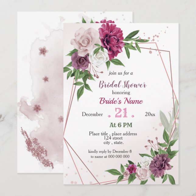 Invitation rose mauve verdure géométrique douche nuptiale (Devant / Derrière)