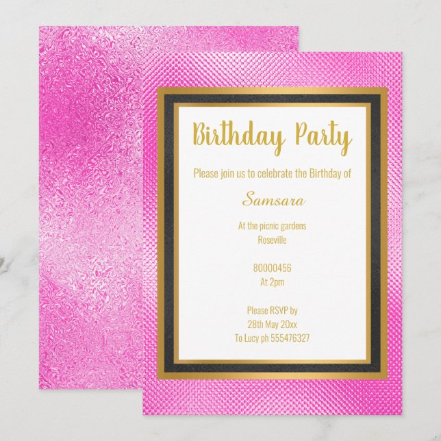 INVITATION ROSE MÉTALLIQUE NOIR & OR EMBOSSÉ ANNIVERSAIRE (Devant / Derrière)
