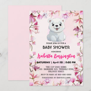 Invitation Rose mignon Ours polaire fleurs sauvages baby show