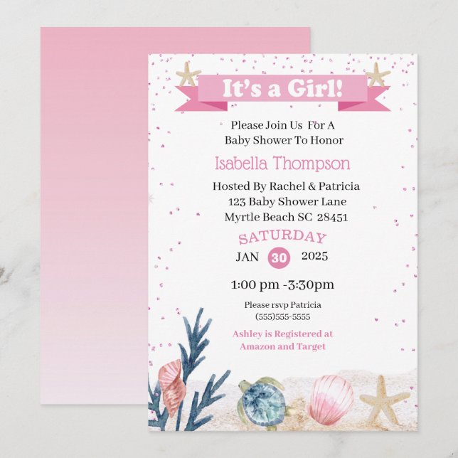 Invitation Rose mignon sous l'invitation de la mer (Devant / Derrière)