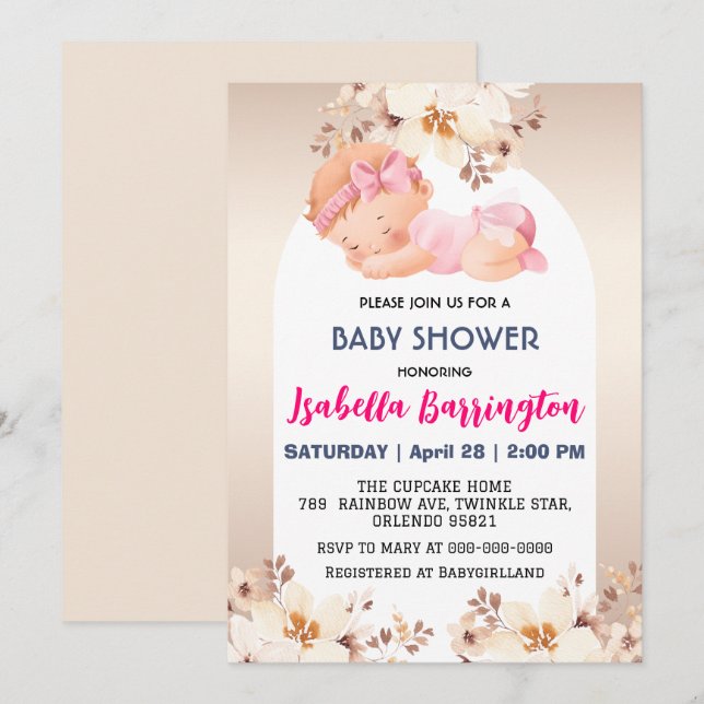 Invitation Rose mignonne bébé fille rose fleurs baby shower e (Devant / Derrière)