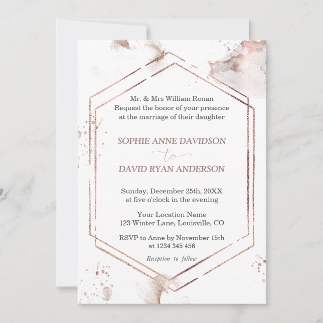 Invitation Rose minimaliste de luxe Gold Frame Mariage (Devant)