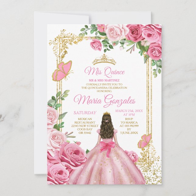 Invitation Rose Mis Quince 15 Anos Butterfly Gold Crown (Devant)