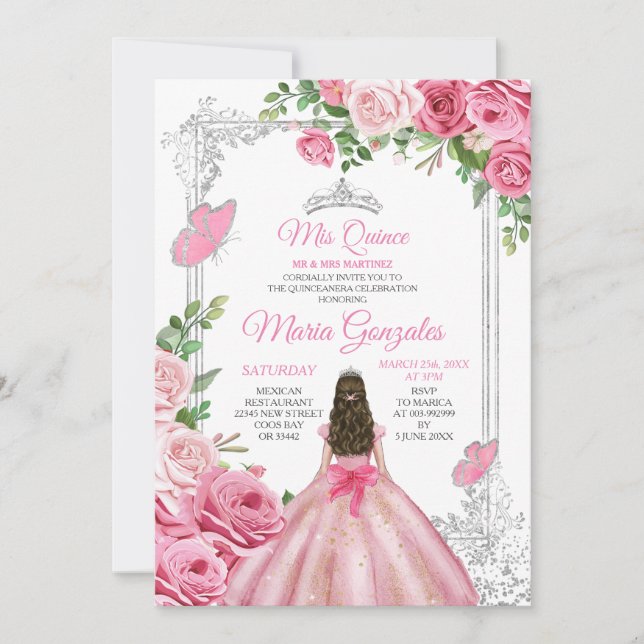 Invitation Rose Mis Quince 15 Anos Papillon Couronne Argent (Devant)