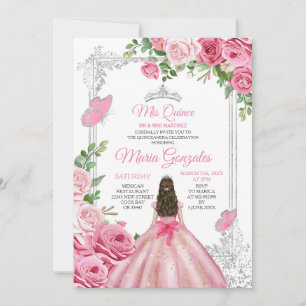 Invitation Rose Mis Quince 15 Anos Papillon Couronne Argent