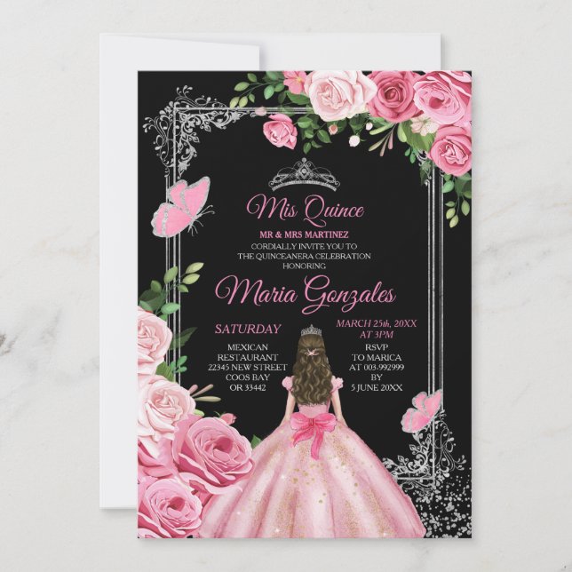 Invitation Rose Mis Quince 15 Anos Papillon Couronne Argent (Devant)