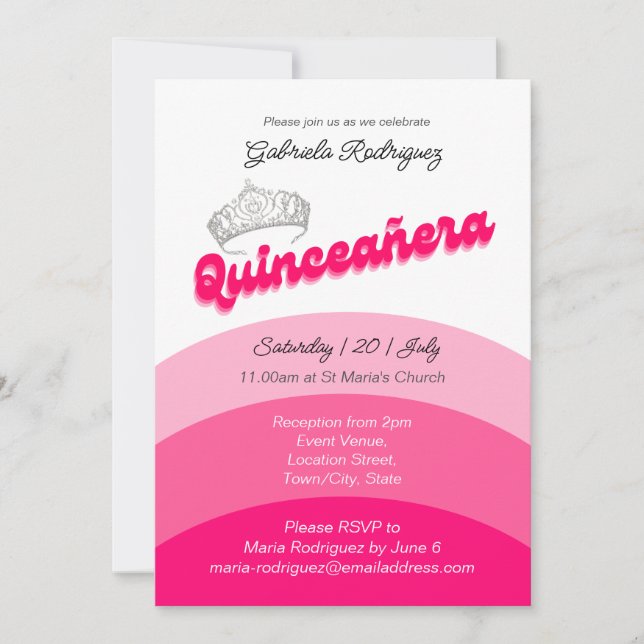 Invitation Rose moderne avec Diamant Tiara Quinceanera (Devant)