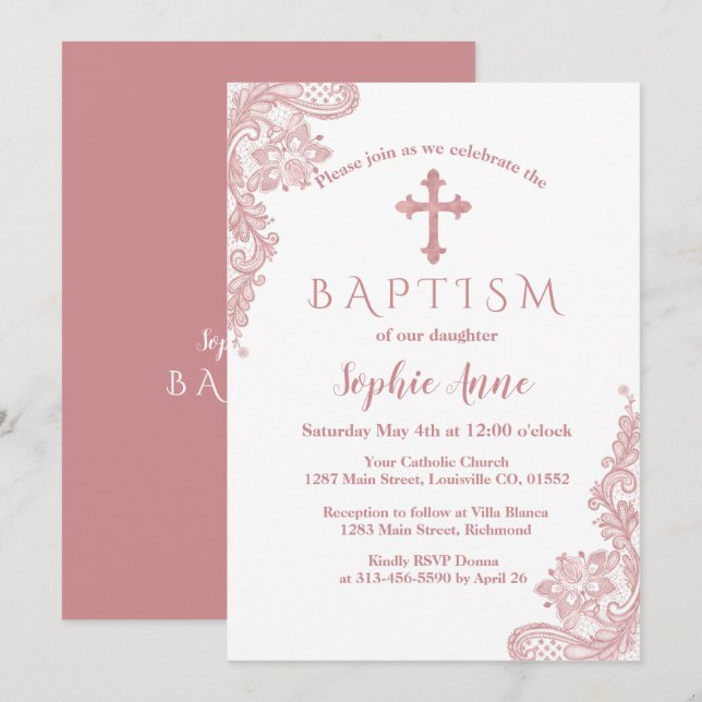 Invitation Rose moderne dentelle d'or Croix fille Baptême (Devant / Derrière)